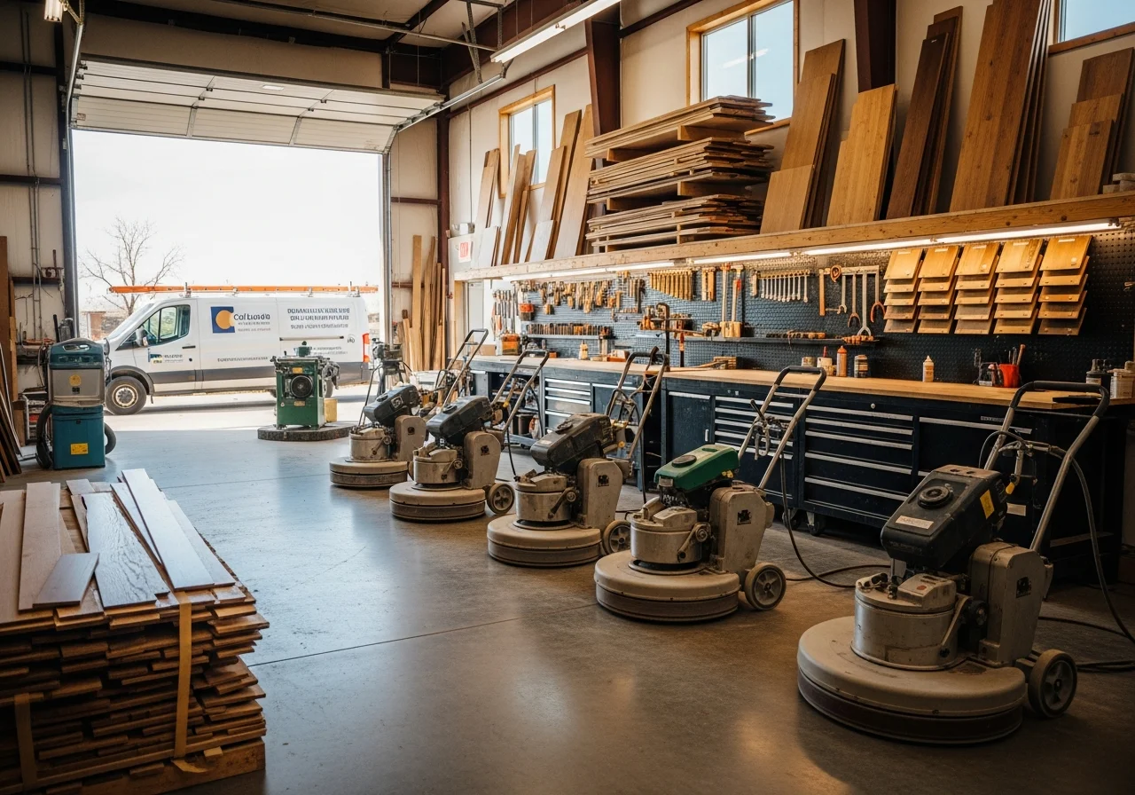 Professional flooring crew with tools and equipment ready for hardwood installation and finishing work.