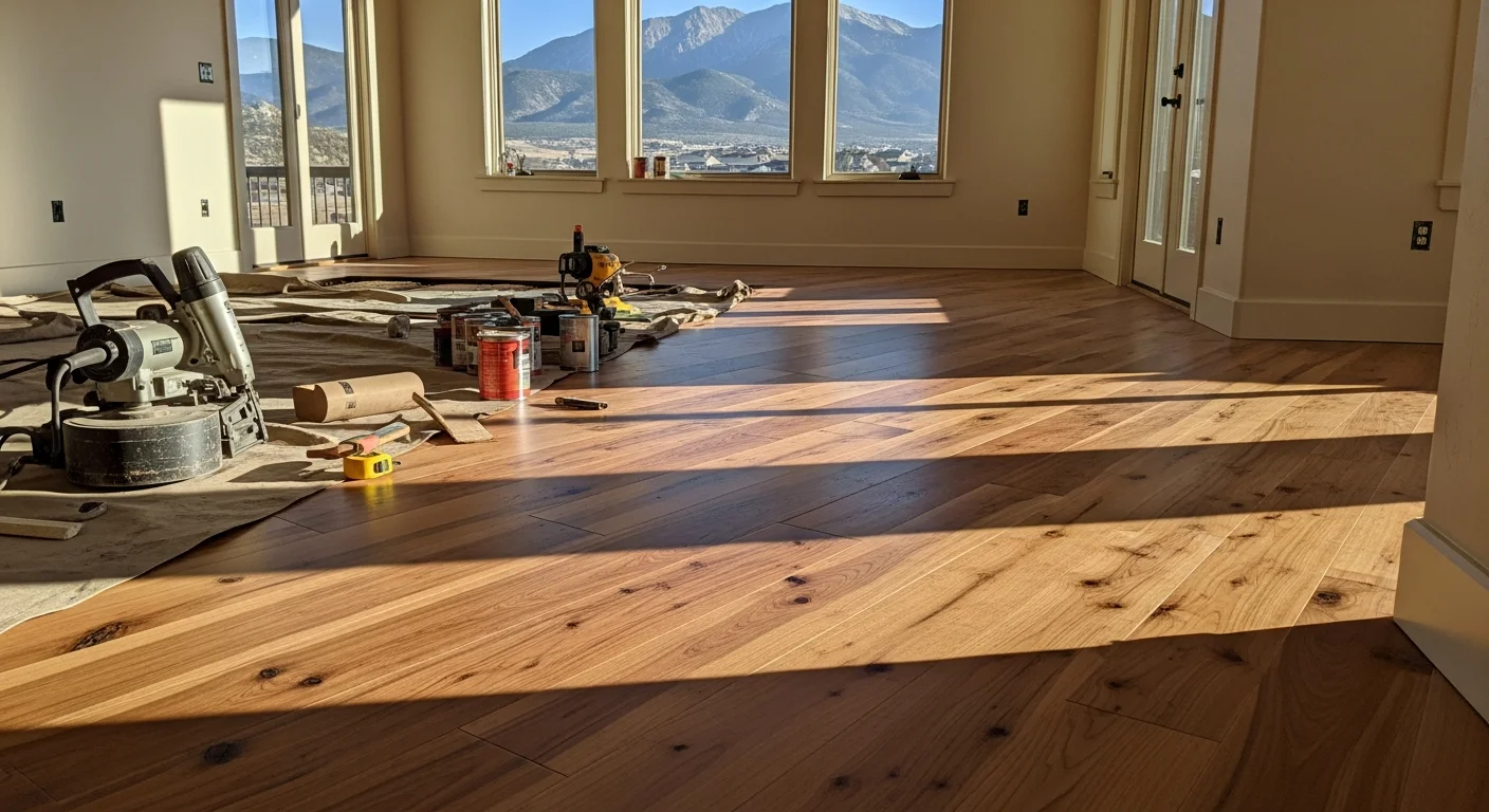 Professional hardwood flooring installation in progress