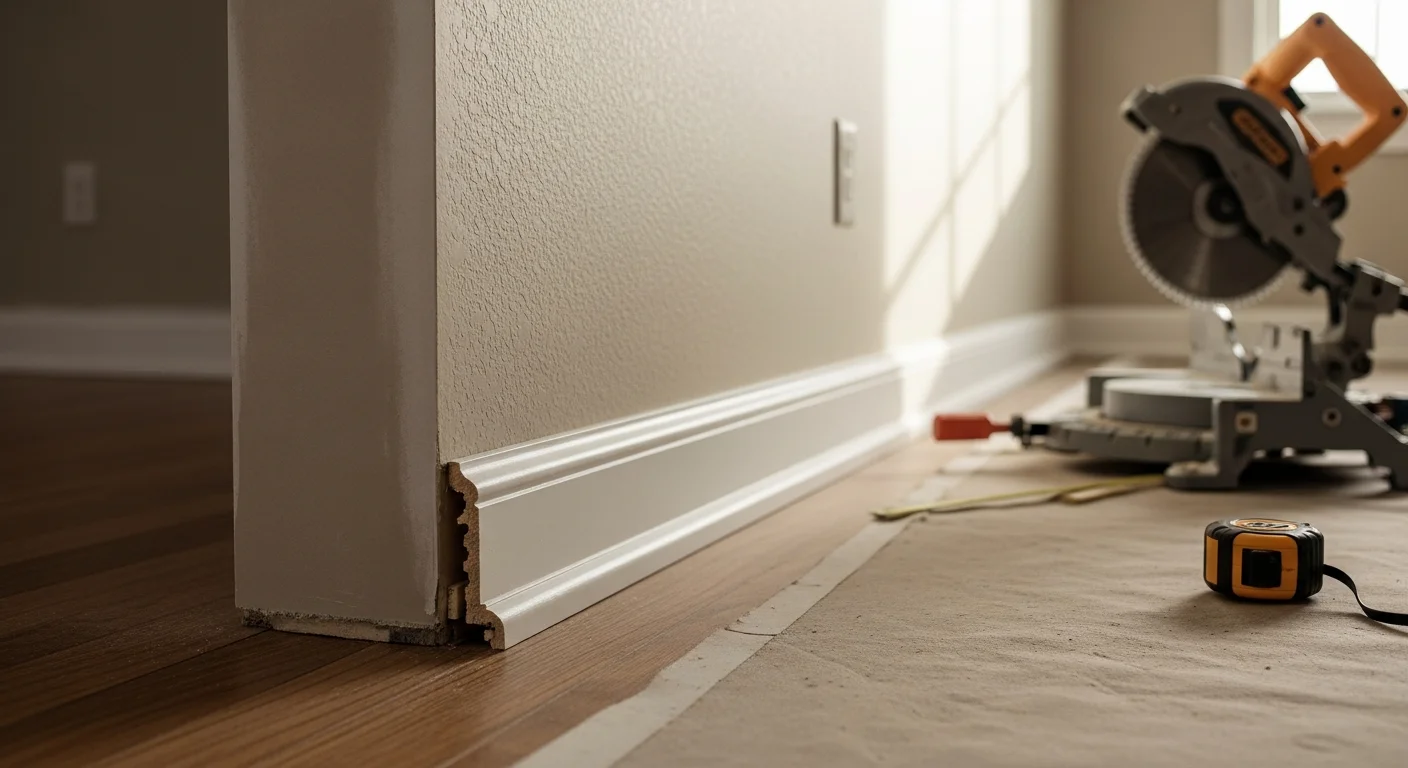 Freshly installed wood baseboards along the base of a hardwood floor in a Boulder County home, showing tight corner joints and a clean painted finish. The trim runs the length of a renovated living room with natural light from a nearby window.