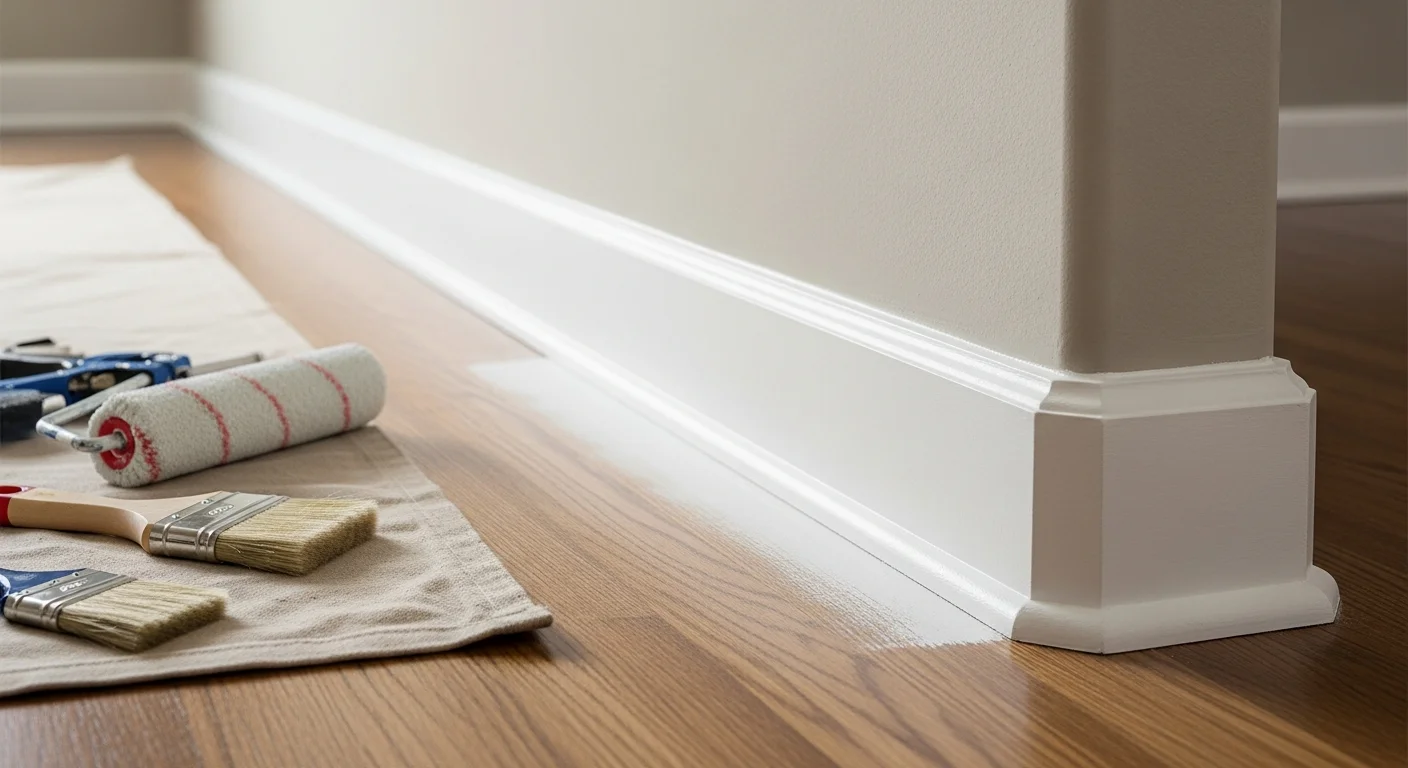 Freshly painted white baseboards along the edge of newly installed hardwood floors in a Boulder County home. Clean paint lines run the length of a hallway where the trim meets the wood floor at the base of the wall.