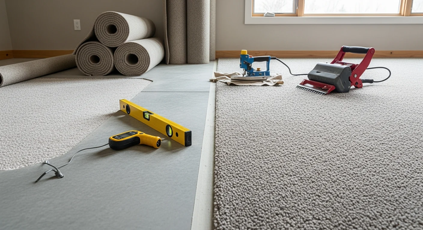 Freshly installed carpet in a residential bedroom in Boulder County, Colorado, with clean seams along the baseboards and uniform pile across the floor. A staircase in the background shows matching carpet installation on each tread and riser.