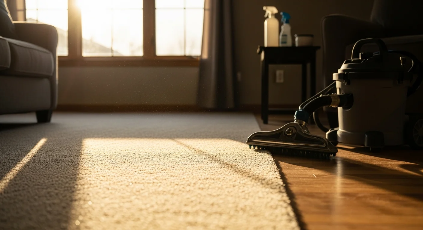 A freshly maintained carpet in a Boulder County home showing restored pile texture and even color across a sunlit living room floor. A Birdseyehardwoodflooring LLC technician inspects the carpet edge near a baseboard in the background.