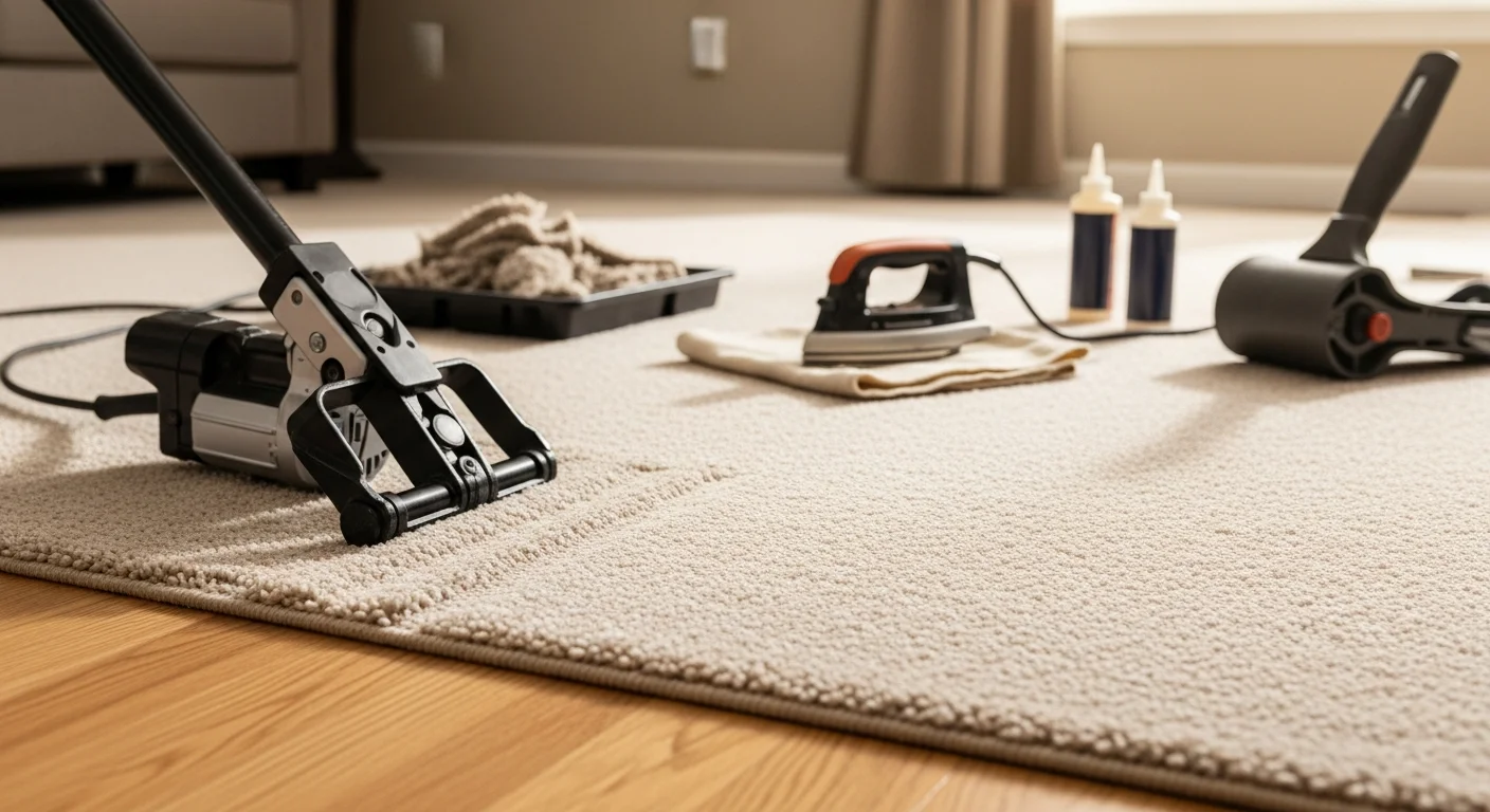 A Boulder County living room floor showing a freshly re-stretched carpet with smooth, flat pile and no visible ripples or lifted edges near the baseboard. A close-up of a completed carpet patch in a residential hallway, with the repaired section blending into the surrounding carpet fiber.