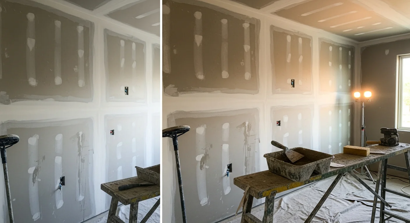 A freshly finished drywall wall in a Boulder County home showing a smooth, seam-free surface ready for paint. The room is a remodeled interior with clean corners and consistent texture across walls and ceiling.