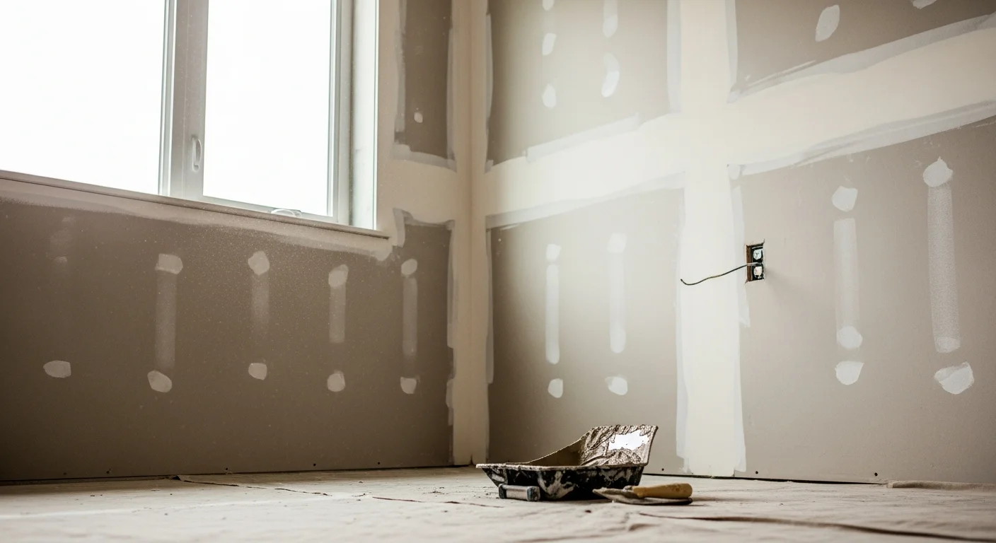 A freshly installed and taped drywall ceiling in a Boulder County residential room, with smooth mud coats applied and walls ready for paint. The space shows clean corner bead work and consistent surface texture across all panels.