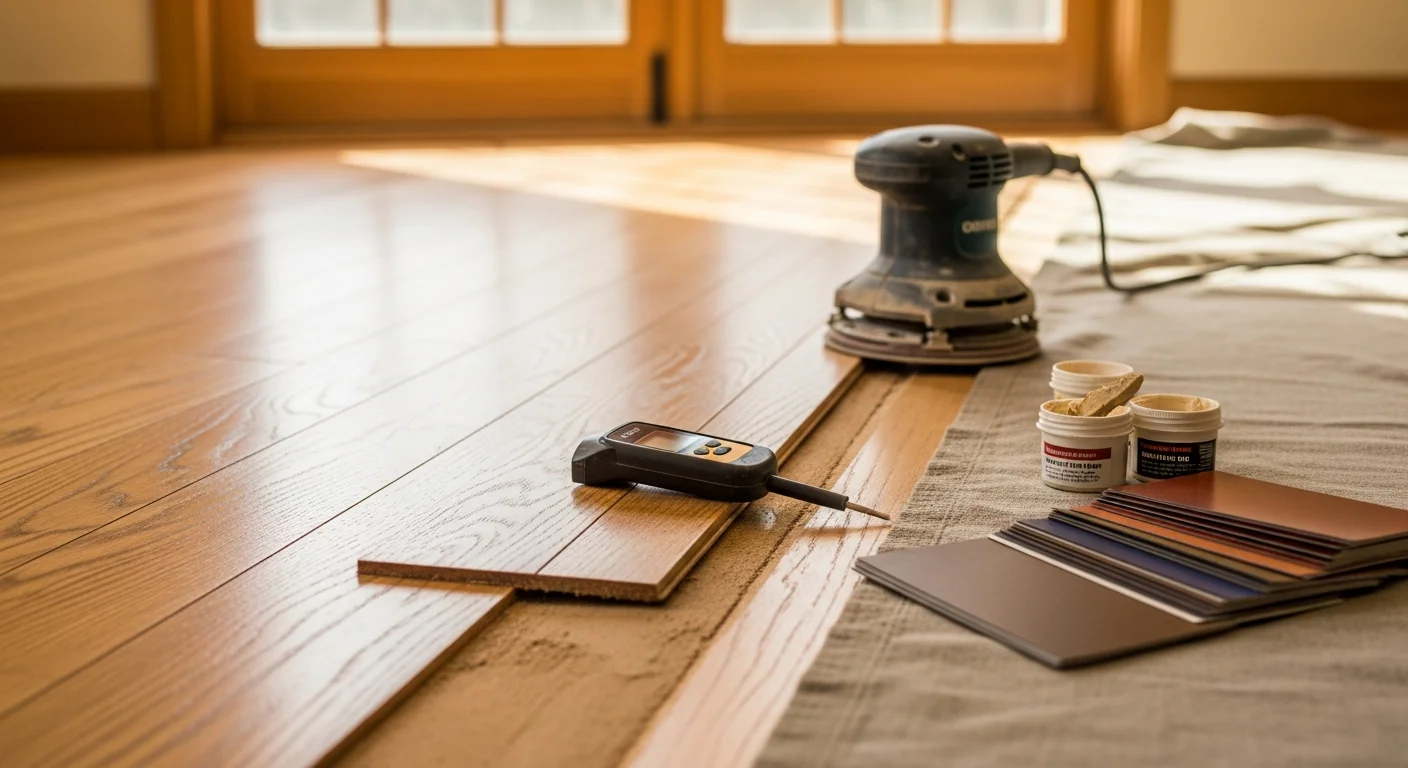 A Boulder County hardwood floor after professional repair, showing seamless board replacement with color-matched finish blending into the surrounding planks. Close-up view highlights flat, gap-free boards in a residential living space.
