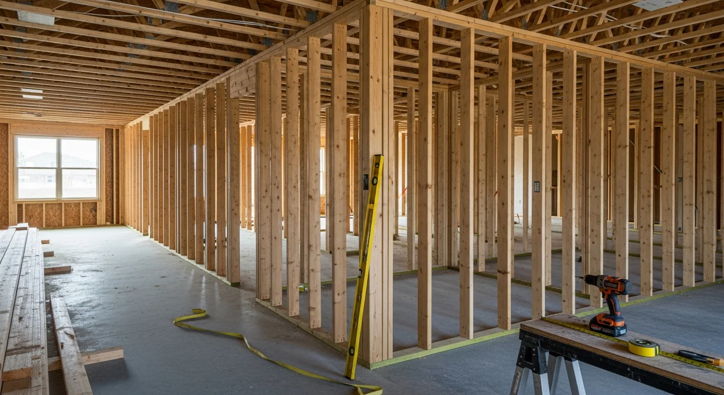 Interior wood framing of a residential room addition in Boulder County, showing evenly spaced wall studs, a framed doorway opening, and a partially completed ceiling structure ready for drywall installation.
