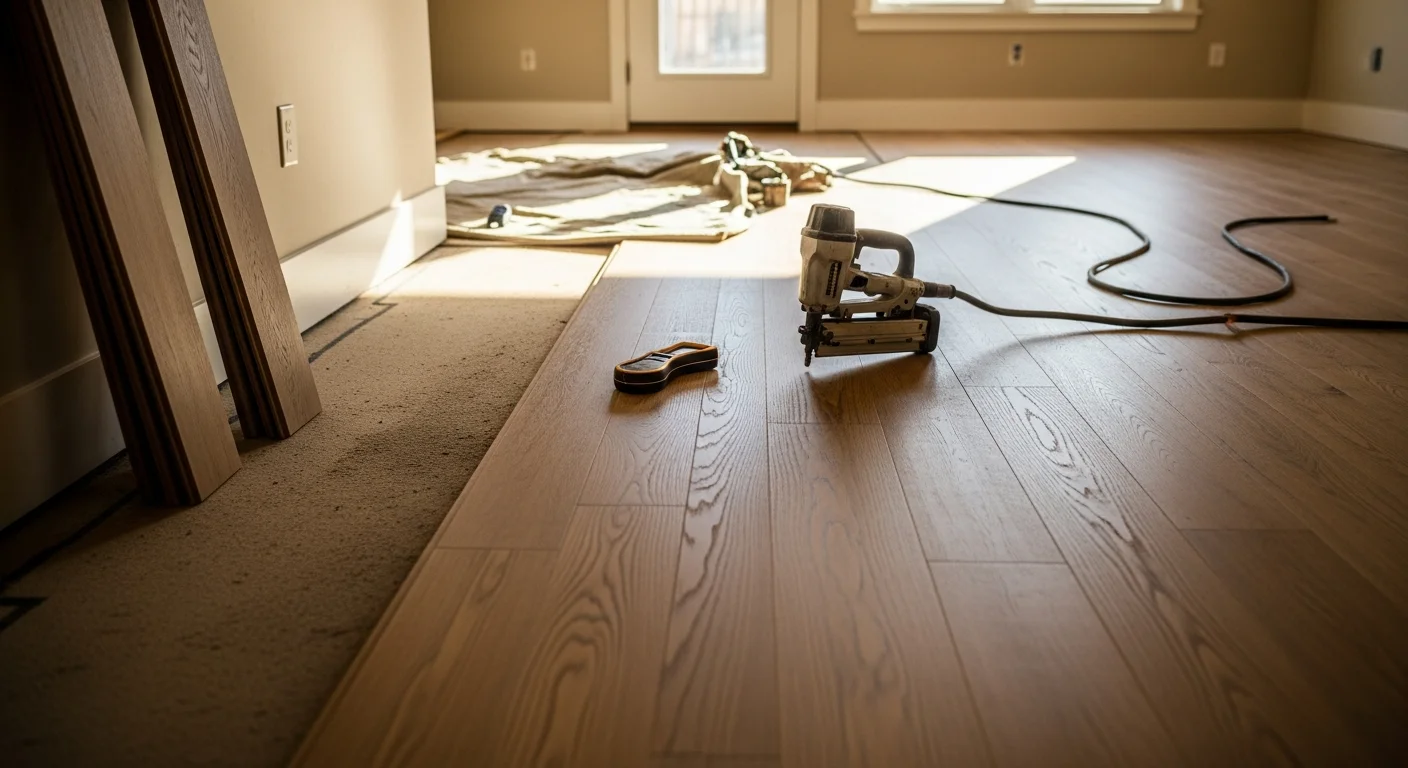Freshly installed hardwood floors in a Boulder County home with natural light across the grain. A Birdseye Hardwood Flooring LLC installation showing tight seams and clean edges along the baseboard.