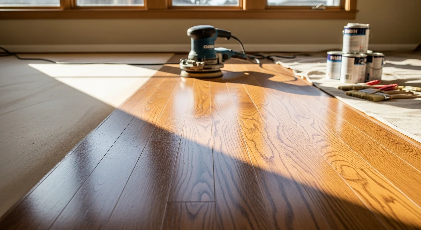 A freshly sanded and refinished oak hardwood floor in a Boulder County home, showing smooth grain and an even satin finish in a sunlit living room. Close-up view highlights the clean wood texture and absence of scratches or dull traffic lane marks.