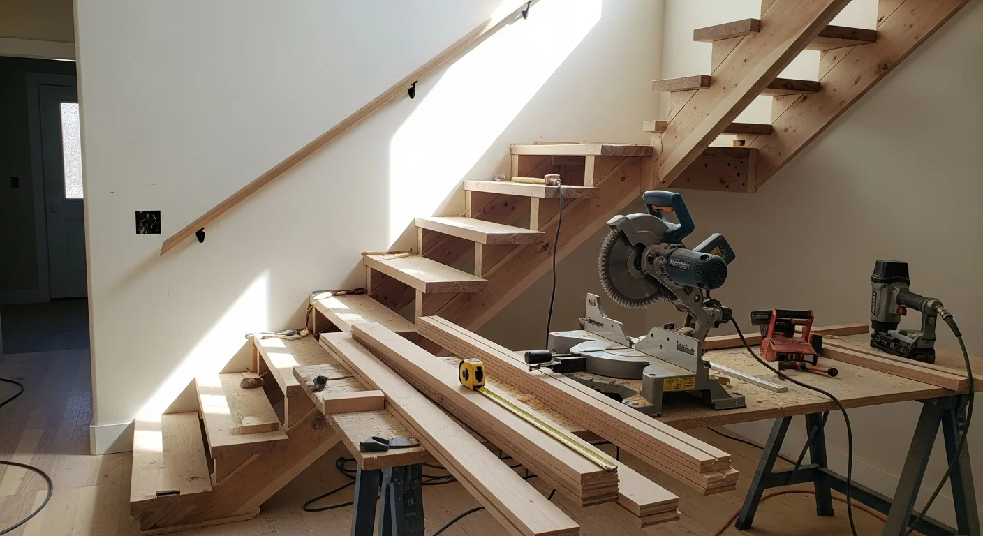 Newly installed hardwood staircase with fitted trim and matching nosing inside a Boulder County home. The stair treads align flush with the adjacent hardwood flooring, showing clean cuts at each riser and landing.