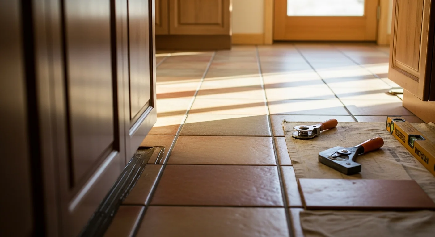 Freshly installed tile floor in a Boulder County home entryway, showing clean grout lines and a smooth, level surface. The room reflects a practical, durable flooring choice suited to Colorado's active lifestyle and varied climate.